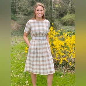 Tan and cream buffalo check dress